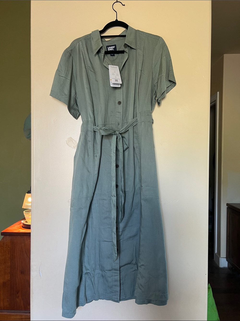 Lands’ End Linen-Blend Sage Green Button-Front Shirt Dress -